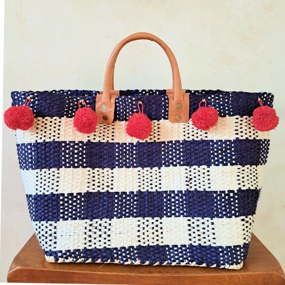Mar Y Sol Pompei Gingham Print Basket Tote Bag Pom Pom Navy Red - Picture 1 of 9